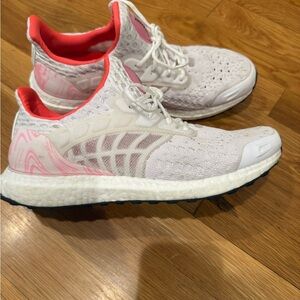 adidas White and Orange Athletic Shoes with Breathable Knit